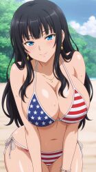 1girls bikini american_flag_bikini female looking_at_viewer tagme ai_generated black_hair long_hair wavy_hair bangs attractive attractive_female beautiful beautiful_girl original original_character oc blue_eyes jewelry necklace bracelet earrings hires high_resolution beach