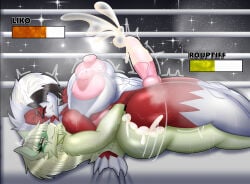 abs absurd_res anthro anthro_on_anthro areola arm_pull big_breasts big_penis bodily_fluids breasts butt canid canine claws competition digital_media_(artwork) duo erection felid feline fighting_ring from_behind_position fur gameplay_mechanics generation_7_pokemon generation_9_pokemon genital_fluids genitals green_body green_fur gui gynomorph gynomorph/gynomorph hair health_bar hi_res huge_breasts huge_penis humanoid_genitalia intersex intersex/intersex liko_(zora.fox) lycanroc mammal maskless_meowscarada meowscarada midnight_lycanroc motion_lines muscular muscular_anthro muscular_gynomorph muscular_intersex nintendo nipples nude orgasm penetration penis pokemon pokemon_(species) prison_guard_position puffy_areola red_body rouphtiff_(zora.fox) sex sexual_competition sexual_fight smile stamina_bar tail thick_thighs throbbing throbbing_penis white_body white_fur wide_hips zadrex