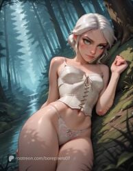 1girls solo ai_generated patreon_username barepixels07 high_resolution highres uncensored light-skinned_female light_skin cd_projekt_red the_witcher_(series) the_witcher_3 ciri white_hair braid mascara long_hair slim_waist wide_hips petite mature_female mature perfect_body thighs barefoot medium_breasts natural_breasts midriff belly_button navel ass round_ass clothed