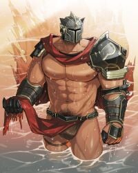 1boy abs absurd_res armor bara beefy belt biceps big_areola breasts broad_shoulders bulge bulge_through_clothing cape collarbone covered_face cross_scar excessive_pubic_hair flaccid gauntlets gay gloves helmet hi_res hunk knight knight_armor legband male male_breasts male_only manly mature_male moobs muscles muscular muscular_arms muscular_legs muscular_male muscular_neck muscular_thighs navel original original_character pecs pelvic_curtain pelvic_curtain_lift pubic_hair quadriceps revealing_clothes sangewenhaox scar shoulder_armor six_pack skimpy solo standing standing_in_water sunset thong topless torn_clothes tough_guy very_high_resolution very_wet water wet wet_body wet_clothes yaoi zhuganchangjiadan