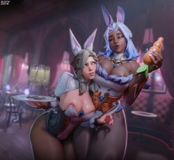 2girls 3d big_breasts bunny_business_domina bunny_ears bunnysuit dark-skinned_female domina hasfeldt light-skinned_female mercy overwatch