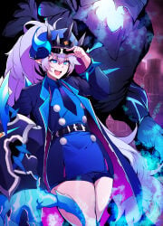 small_breasts smaller_female small_waist small_boobs tiny_breasts tiny_female tiny_waist restart lestart_(artist) luciela_r._sourcream diabla_(elsword) luciela_r_sourcream elsword 1girl solo_focus white_hair purple_hair long_hair twintails heterochromia blue_eyes horns horned_headwear large_breasts cleavage military_uniform blue_uniform peaked_cap coat shorts thighhighs gloves standing smile open_mouth hand_on_hat dynamic_pose glowing_energy highres detailed_background