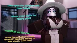 1girls 3d ass big_ass big_breasts breasts cleavage clothing cometrr34 commission_open dark-skinned_female dress english_text glowing_eyes hat long_hair mask plague_doctor roblox robloxian self_upload solo tagme text thick_thighs thighs