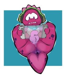 2026 anthro anus balls biped dinosaur electronics flaccid front_view gameoverse genitals glitch_productions gobbles_(gameoverse) headphones holding_object holding_tablet humanoid_genitalia humanoid_penis looking_at_object low-angle_view male male_only nanuna nude penis prehistoric_species red_body red_scales reptile saurischian scales scalie short_tail simple_background solo tablet tail tail_anus theropod tyrannosaurid tyrannosauroid tyrannosaurus tyrannosaurus_rex worried