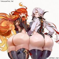 2girls ai_generated arlecchino_(genshin_impact) ass ass_focus big_ass big_breasts big_butt big_hips breasts caked_up cheesecake duo female female_only genshin_impact hi_res highres hips hoyoverse huge_ass huge_breasts huge_butt huge_hips huge_thighs large_ass large_breasts leotard light-skinned_female light_skin looking_back mavuika_(genshin_impact) mihoyo multiple_girls patreon_url patreon_username print_tax5 text thick_thighs thighhighs thighs waist wide_hips
