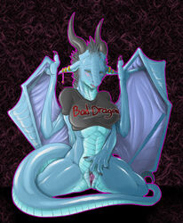 bad_dragon blue blush bottomless claws clitoris dragon ear_piercing earring exposed female fingering half-closed_eyes horns janine_(bad_dragon) kneeling masturbation muscles narse open_mouth piercing pussy reptile scalie shirt skimpy solo spread_pussy spreading tail wings yellow_eyes