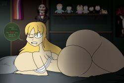 ass ass_focus big_ass big_ass_cheeks big_booty la-artist322_(artist) long_tail looking_at_viewer self_upload tagme youtube youtuber youtuber_girl youtuber_sona mask_e_masker_(youtuber) maskemasker blonde_hair blonde_female green_eyes long_hair annoyed_expression annoyed waking_up midnight rude_awakening pissed_off 1girl on_bed arms_on_bed laying_down laying_on_bed resting piercings one_eye_closed blanket bedroom_background dark_background blurred_background plushies character_focus girl_focus bootylicious text_bubble text dialogue