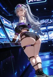 honkai:_star_rail honkai_(series) silver_wolf_(honkai:_star_rail) silver_wolf_(lv.999)_(honkai:_star_rail) miyuai ai_generated ai_assisted thick_thighs thick_ass thick thick_legs thick_hips thick_butt wide_hips wide_thighs voluptuous voluptuous_female curvy curvy_figure curvaceous curvy_female female breasts ass rating:safe 1girl fishnets fishnet_legwear long_hair smile looking_back gloves jacket bare_shoulders looking_at_viewer multicolored_hair midriff thighs star_(sky) night from_behind thigh_strap starry_sky solo streaked_hair silver_hair night_sky bangs one_side_up black_gloves eyewear_on_head shorts grey_hair hair_between_eyes grey_eyes