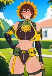 ai ai_assisted ai_generated happy human_version latex plant plants_vs._zombies plants_vs_zombies prussia123 sexy sexy_body sexy_clothing sexy_female sexy_woman smiling sunflower_(pvz) tactical tactical_gear