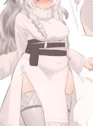 nimo22 nimo b45ui arknights pramanix_(arknights) weight_gain wip comic bulging_belly thick_thighs big_breasts squished_belly undersized_clothing thin_to_fat