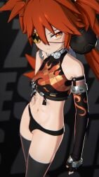 hoyoverse zenless_zone_zero koleda_belobog female female_only female_focus tummy belly_button navel abs stomach_focus stomach breasts small_breasts looking_at_viewer eyepatch red_eyes freckles freckles_on_face freckles_on_shoulders freckles_on_body freckles_on_stomach light_skin light-skinned_female red_hair choker hi_res zzztimelyangels tubetop tube_top 3d panties black_panties