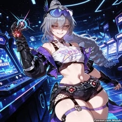 honkai:_star_rail honkai_(series) silver_wolf_(honkai:_star_rail) silver_wolf_(lv.999)_(honkai:_star_rail) miyuai ai_generated ai_assisted thick_thighs thick_ass thick thick_legs thick_hips thick_butt wide_hips wide_thighs voluptuous voluptuous_female curvy curvy_figure curvaceous curvy_female female breasts rating:safe 1girl long_hair smile star_(sky) gloves starry_sky drill_hair night looking_at_viewer bare_shoulders midriff silver_hair fishnets navel night_sky weapon jacket solo eyewear_on_head thighs grey_hair large_breasts twin_drills multicolored_hair bangs fishnet_legwear animal_ears stomach black_gloves shirt