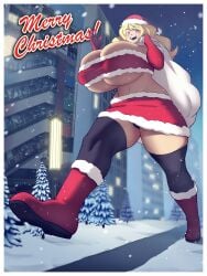 2026 alguien9955 bag big_beautiful_women:_giantess_dating_action big_butt blonde-haired_female blonde_female blonde_hair blonde_hair_female breasts_bigger_than_head christmas christmas_clothing christmas_headwear christmas_outfit country_sized extreme_size_difference giant_female giantess hifumi_(big_beautiful_women) large_breasts long_hair long_hair_female macro macro_female outdoors pink_eyes purple_eyes snow thick_thighs trees walking
