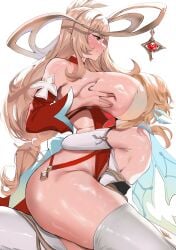 2girls absurdres alice_(genshin_impact) ass bare_shoulders between_breasts blonde_hair blush breast_smother breasts cowlick detached_sleeves dress face_in_breasts female female/female female_only genshin_impact gloves gold_halo hair_ornament hat head_between_breasts highres hoyoverse hug huge_breasts large_breasts long_hair lumine_(genshin_impact) mihoyo milf multiple_girls pointy_ears red_dress red_eyes red_sleeves shiben_(ugvu5784) shibenc16e4 short_hair_with_long_locks simple_background sitting sitting_on_lap sitting_on_person smile smothering_breast straddling thick_thighs upright_straddle white_background white_dress witch_hat yuri