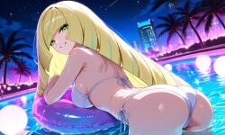23afterhours ai_art ai_generated big_ass blonde-haired_female blonde_female blonde_hair child_bearing_hips curvy curvy_figure green_eyes long_hair looking_at_viewer looking_back lusamine_(pokemon) mature_female medium_breasts milf mother neon_lights night night_sky nintendo palm_tree pokemon pokemon_sm pool pool_float pool_toy poolside posing seductive seductive_eyes seductive_pose seductive_smile starry_background starry_sky vaporwave white_bikini white_bikini_bottom white_bikini_top