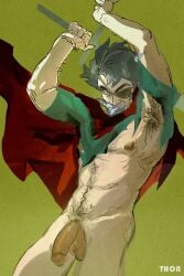 1boy 2026 abs armpit armpit_fetish armpit_hair armpits arms_up balls bara black_hair body_hair cape chest_hair clothed clothed_male clothing dilf exposed_armpits eyepatch facial_hair feet_out_of_frame gay green_background grey_hair male male_nipples male_only marlon_(stardew_valley) nipples old_male old_man older older_male olive_background pantless penis pubes pubic_hair ripped_clothing ripped_shirt scrotum showing_armpits solo solo_male standing stardew_valley testicles thonthongtha yaoi