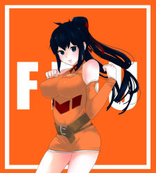 1girls big_belt black_hair breasts dark_hair detached_sleeves dixsept final_fantasy_unlimited lisa_pacifist nipple_bulge orange_background solo