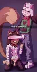 absurd_res anthro ball_fondling balls big_tail blush blush_lines bodily_fluids bottomwear bovid brown_body brown_fur brown_hair caprine caption clothed clothing collar darkner deltarune domestic_cat drooling duo felid feline felis floppy_ears fluffy fluffy_balls fluffy_tail fondling fur genitals goat hair hi_res holding_balls hoodie horn insate kneeling long_hair lucky_(justlucky) male male/male mammal open_bottomwear open_clothing open_pants pants penis penis_covering_eyes penis_on_face pink_eyes ralsei saliva scarf standing tail taking_picture taking_selfie text text_on_clothing text_on_hoodie text_on_topwear tongue tongue_out topwear undertale_(series) white_body white_fur