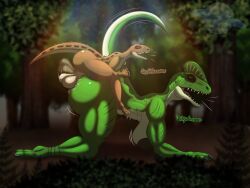 abs anthro ball_slap balls beak big_balls big_breasts big_butt breasts brown_body butt butt_slap claws dilophosaurid dilophosaurus dinosaur doggystyle duo eyelashes eyes_closed female femboy femboydom forest from_behind_position genitals green_body green_markings grey_beak hi_res larger_female lindwormduality looking_pleasured male male/female markings mounting muscular muscular_female nipples ornithischian osteoderms penetration plant prehistoric_species quills_(anatomy) reptile saurischian scalie scutes sex sharp_teeth size_difference slap smaller_male spanking tail tail_hug tan_body tan_markings teeth theropod thyreophoran tongue tree