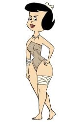betty_rubble hanna-barbera black_hair the_flintstones bone bandage solo 1girls lowres blank_background white_background barefoot thick_thighs lipstick nipples translucent leotard hand_on_hip necklace