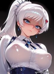 1girl 2026 ai_generated anime blue_eyes blush boobs breasts cleavage closed_mouth collared_shirt covered_nipples crossover earrings exposed_nipples eye_contact female female_focus flushed hair_accessory hair_ornament heart highres huge_breasts jewelry large_breasts long_hair looking_at_viewer neutral_expression nipples nsfw patreon patreon_username ponytail rognezart rwby scar scar_across_eye scar_on_face see-through shaded_face shirt solo suspender_skirt suspenders sweat sweaty upper_body very_long_hair weiss_schnee white_hair white_shirt