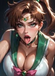 sailor_jupiter makoto_kino sailor_moon brown_hair ponytail green_eyes big_lips green_sailor_collar pink_bow big_breasts cleavage wide_hips thick_thighs close-up close_up_view looking_at_viewer pov open_mouth tongue_out drooling sweat dripping_saliva athletic_female tiara ai_generated moonchild41 high_quality bishoujo_senshi_sailor_moon toei_animation