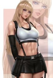1girl abs absurd_res absurd_resolution absurdres bandai_namco bare_shoulders beautiful_woman belted_skirt beltskirt black_skirt blonde_hair blue_eyes blunt_bangs breasts cosplay crop_top disinterested elbow_gloves emilie_de_rochefort emotionless emotionless_female fighting_game final_fantasy final_fantasy_vii final_fantasy_vii_remake fingerless_gloves gloves high_quality high_resolution highres hime_cut kittymiya large_breasts lili_(tekken) long_hair looking_at_viewer mature_woman midriff miniskirt namco namco_bandai navel pleated_miniskirt pleated_skirt skirt smile solo suspender_skirt suspenders tank_top tekken tifa_lockhart tifa_lockhart_(cosplay) twitter uncaring uncaring_female uninterested uninterested_female video_game_character video_game_franchise video_games