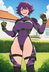 ai ai_assisted ai_generated camo_print chomper_(pvz) gloves human_version knee_pads latex plant plants_vs._zombies plants_vs_zombies prussia123 purple_hair sexy sexy_body sexy_clothing sexy_female sexy_woman short_hair smiling straps tactical tactical_gear