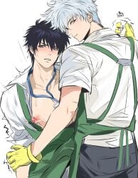 sapomu4 male male_only looking_at_viewer looking_back gintama gintoki_sakata hijikata_toshiro smile white_hair black_hair vibrator vibrator_on_nipple blue_eyes blush sweatdrop id_card lanyard remote_control_vibrator apron uniform alternate_costume gay yaoi 2boys clenched_teeth arms_behind_back