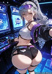 honkai:_star_rail honkai_(series) silver_wolf_(honkai:_star_rail) silver_wolf_(lv.999)_(honkai:_star_rail) miyuai ai_generated ai_assisted thick_thighs thick_ass thick thick_legs thick_hips thick_butt wide_hips wide_thighs voluptuous voluptuous_female curvy curvy_figure curvaceous curvy_female female breasts ass rating:safe 1girl fishnets smile long_hair fishnet_legwear shorts fingerless_gloves gloves eyewear_on_head looking_at_viewer bare_shoulders ponytail midriff thighhighs jacket multicolored_hair looking_back streaked_hair thighs large_breasts earrings silver_hair hair_ornament black_gloves grey_hair solo from_behind grin skindentation bangs night crop_top belt monitor mole