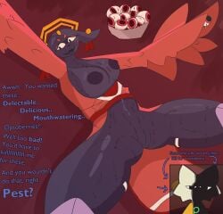 anthro avian big_breasts bodily_fluids breasts domestic_cat european_mythology felid feline felis female food genitals goumang_(nine_sols) greek_mythology harpy hi_res holding_food holding_object lighthouseheat mammal modest mythological_avian mythological_creature mythology nine_sols octoberry presenting red_candle_games smug solo spread_legs spreading sweat text thick_thighs vulva wings