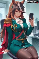 ai_generated 1girls ai_assisted anime highres animeprds25 watermark patreon_username artist_name hi_res high_resolution high_quality stable_diffusion 2025 phone cum solo animal_ears cellphone sitting epaulettes long_hair holding_phone horse_ears brown_hair pantyhose single_epaulette cum_on_clothes breasts smartphone facial white_ascot office holding purple_eyes multicolored_hair horse_girl skirt streaked_hair green_skirt monitor office_chair swivel_chair symboli_rudolf_(umamusume) symboli_rudolf umamusume umamusume_pretty_derby