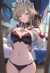 sandrone_(genshin_impact) genshin_impact mihoyo hoyoverse ai_generated lunealter 1girls female female_only female_focus mature_female pale_skin pale-skinned_female medium_hair blue_eyes blushing smile looking_at_viewer taking_picture mirror shirt_up showing_breasts exposed_breasts exposed_midriff exposed_legs black_bra black_panties midriff belly_button partially_clothed alternate_costume day bedroom bed standing medium_breasts big_thighs thick_thighs thick_legs thick_hips sfw 2026 uncensored phone holding_phone
