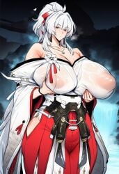 1girls ai_generated areolae bare_shoulders belt big_breasts breasts breasts_bigger_than_head child_bearing_hips collar collarbone dark_background female female_only flower hakama hakama_skirt hiyuki_(wuthering_waves) holding_breast holding_own_breasts hourglass_figure hourglass_figured_female huge_breasts kimono kurogames large_ass long_hair long_sleeves milf nature_background necklace nipples pendant pendant_necklace piinkairi ponytail red_eyes ribbon ribbon_in_hair ribbons shoulders solo solo_female tagme transparent transparent_clothing very_long_hair water waterfall white_eyelashes white_hair wuthering_waves