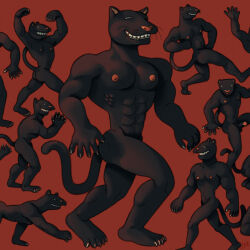 abs anthro athletic black_body blue_eyes caricature claws dancing felid flexing genitals glans group half-erect hi_res male mammal muscular muscular_male nipples pantherine pecs penis pink_glans pink_nipples pink_nose ravuer silly silly_face silly_pose simple_background smile whiskers