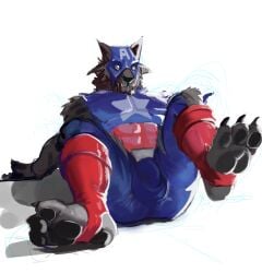 anthro biped blue_clothing bodily_fluids boots bulge canid canine canis captain_america clothing costume digital_media_(artwork) drooling feet footwear fur hi_res hindpaw hypnosis male male_only mammal marvel mask mind_control pawpads paws red_boots red_clothing red_footwear saliva saudax7 shoes simple_background solo superhero_costume white_background wolf