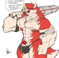 anthro armpit_hair bulge canid canine canis clothing colored_sketch daikitei hi_res humanoid_penis looking_at_viewer male male_only mammal melee_weapon muscular muscular_male pecs penis penis_base pubes solo standing sword underwear weapon wolf