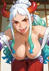 1girl ai_generated aqua_hair bare_shoulders breasts cleavage collarbone curled_horns earrings erothus female female_only green_hair hair_ornament hair_stick hakama hanging_breasts hoop_earrings horns indoors japanese_clothes jewelry kimono large_breasts leaning_forward long_hair looking_at_viewer multicolored_hair multicolored_horns nipples one_piece oni open_mouth orange_eyes red_horns saliva sidelocks sleeveless_kimono solo tongue tongue_out v-shaped_eyebrows very_long_hair white_hair yamato_(one_piece)