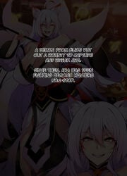 restart lestart_(artist) ara_haan elsword 1girl solo_focus white_hair long_hair pink_hair fox_ears fox_tail multiple_tails nine_tails red_eyes heterochromia glowing_eyes large_breasts cleavage cleavage_cutout bare_shoulders midriff revealing_clothes purple_kimono black_dress side_slit hair_ornament hair_ribbon staff holding_weapon dynamic_pose standing winking smile smug looking_at_viewer open_mouth tongue teeth sweat drool glowing_energy golden_energy_orb multiple_views close-up highres detailed_background