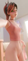 fortnite fortnite:_battle_royale helsie_(fortnite) dorm dorm_room college college_student college_girl teenager teen_girl teenage selfie two-tone_hair ponytail green_eyes looking_at_viewer braces open_mouth spaghetti_strap bra shirt covered_nipples belly belly_button small_breasts small_waist little_breasts small_butt exposed_pussy pussy pussy_peek pussy_lips holding_panties half-dressed half_naked pantless standing self_upload selfie_pose pink_panties painted_nails choker tm04 student smaller_female