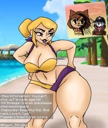 miss_information_(gameoverse) gameoverse blonde_hair blonde_female female 1girls kit_bodega kit_(gameoverse) kaboodle_(gameoverse) text beach bikini swimsuit midriff cleavage smug cocky meme_reference meme lipstick leaning_forward agent_strudel digital_media_(artwork) hair_in_bun video_games flappers_(gameoverse) reaction_shot reaction_image reaction hag