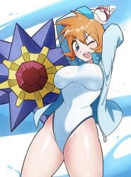 kasumi_(pokemon) revision misty_(pokemon_hgss) 1girls ;d absurdres arms_up blue_eyes blue_jacket blush breasts commentary covered_navel english_commentary female female_only gem gen_1_pokemon highres holding jacket jeffmiga large_breasts looking_at_viewer nintendo one-piece_swimsuit one_eye_closed open_clothes open_jacket open_mouth orange_hair pokemon pokemon_(creature) pokemon_hgss red_gemstone shiny_skin short_hair smile starfish starmie swimsuit thick_thighs thighs white_one-piece_swimsuit
