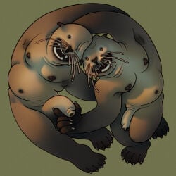 anthro armpits black_nose brown_body dark_nipples duo flaccid genitals half-erect hi_res intertwined male male/male mammal musclegut muscular mustelid otter pecs penis petting ravuer river_otter simple_background slightly_chubby slightly_chubby_male small_eyes smile soft_skin touching_penis whiskers