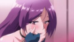 1girl 1girls 2023 20s animated animated_gif anime_screenshot black_choker brown_eyes choker cosplay covering_own_mouth eyes_rolling_up female female_only hand_over_own_mouth implied_sex lips lipstick long_hair looking_back makeup mature_female minamoto_no_raikou_(fate)_(cosplay) minamoto_no_raikou_(swimsuit_lancer)_(fate)_(cosplay) open_mouth public_indecency public_restroom purple_hair rolling_eyes tagme tsuma_ni_damatte_sokubai-kai_ni_iku_ja_nakatta very_long_hair yumiko_kimura