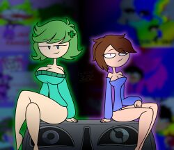 tagme self_upload youtuber youtube starnyx_(youtuber) abw_(youtuber) youtuber_sona youtuber_girl sitting_on_speaker sitting 2girls la-artist322_(artist) looking_at_viewer legs_crossed big_breasts slim_waist thick_thighs thick_legs size_difference