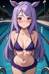 ai_generated perchance_ai umamusume umamusume_pretty_derby mejiro_mcqueen_(umamusume) shy small_breasts bikini blushing pool slender_body