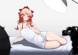 1girl arknights arm_support bare_arms bare_legs bare_shoulders bed blurry_foreground blush bow breasts camera clothing collarbone female full_body ghosty_(xiaobai) gradient_hair hair_bow hair_ornament haruka_(arknights) long_hair looking_at_viewer lying multicolored_hair naked_towel on_bed on_side orange_hair parted_lips pink_hair red_bow red_eyes red_hair smile solo thighs towel white_background
