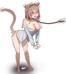 1girl 1other animal_ears beargold2 blue_eyes blush breasts brown_hair cat_ears cat_girl cat_tail commentary green_eyes highres holding holding_leash honkai_(series) honkai_impact_3rd large_breasts leash naked_shirt pardofelis pussy_juice pussy_juice_puddle shirt short_hair spanked tail white_shirt