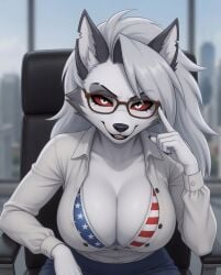 1girls ai_generated american_flag_bikini american_flag_bikini_top anthro beautiful big_breasts bikini bikini_top breasts busty canid canine canis city city_background cityscape clothed clothing computer demon demon_girl desk ears female furry glasses grey_body grey_fur grey_hair hellhound helluva_boss hi_res high_resolution hires huge_breasts indoors inside long_hair looking_at_viewer loona_(helluva_boss) mildlyflirty mythological_canine mythological_creature mythology notched_ear office office_chair office_clothing office_desk office_lady open_mouth open_smile red_sclera sexy silver_eyes sitting sitting_on_chair skirt smile smiling smiling_at_viewer tagme two-tone_body two-tone_fur vivienne_medrano vivziepop white_body white_eyes white_fur window wolf wolf_ears wolf_girl