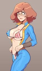 brellom brellom_(character) brellomascot brells artist_self-insert glasses big_breasts light-skinned_female female brown_hair digital_drawing_(artwork) original_character original beauty_mark beauty_mark_on_breasts fallout_(series) fallout vault_suit bodysuit undressing nervous bikini bikini_under_clothes nipple_bulge american_flag_bikini